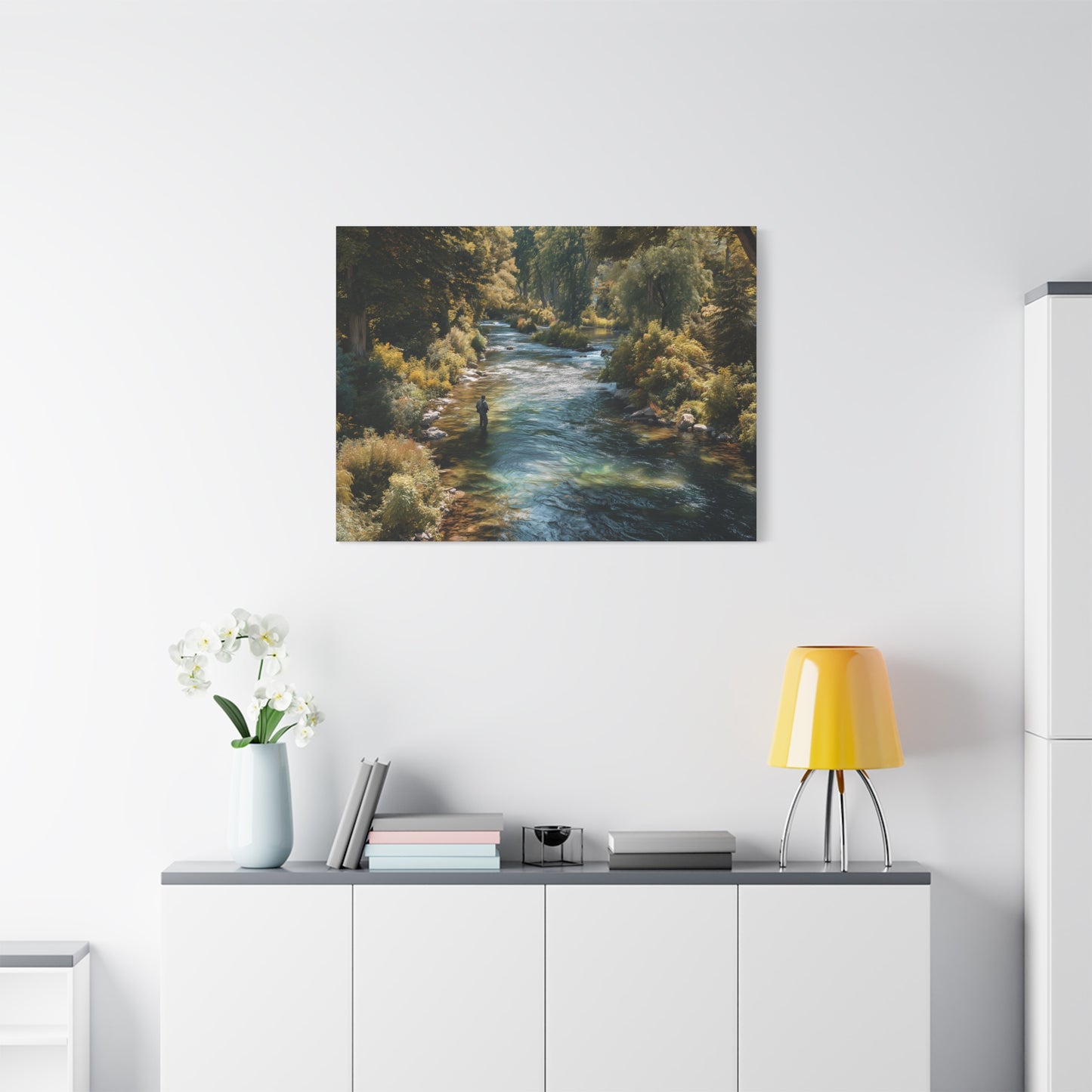 River Fishing Canvas Wall Art — Serene Forest Stream Matte Stretched Print