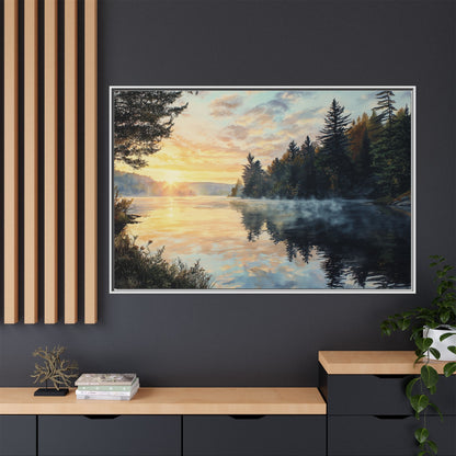 Sunrise Lake Framed Canvas Print — Forest Reflection Wall Art