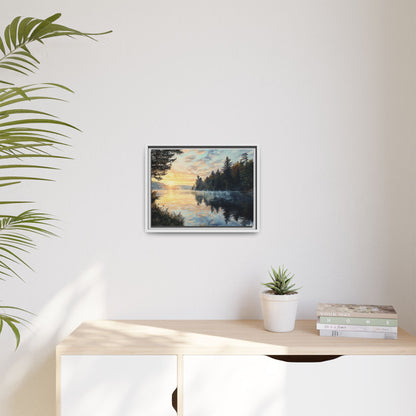 Sunrise Lake Framed Canvas Print — Forest Reflection Wall Art