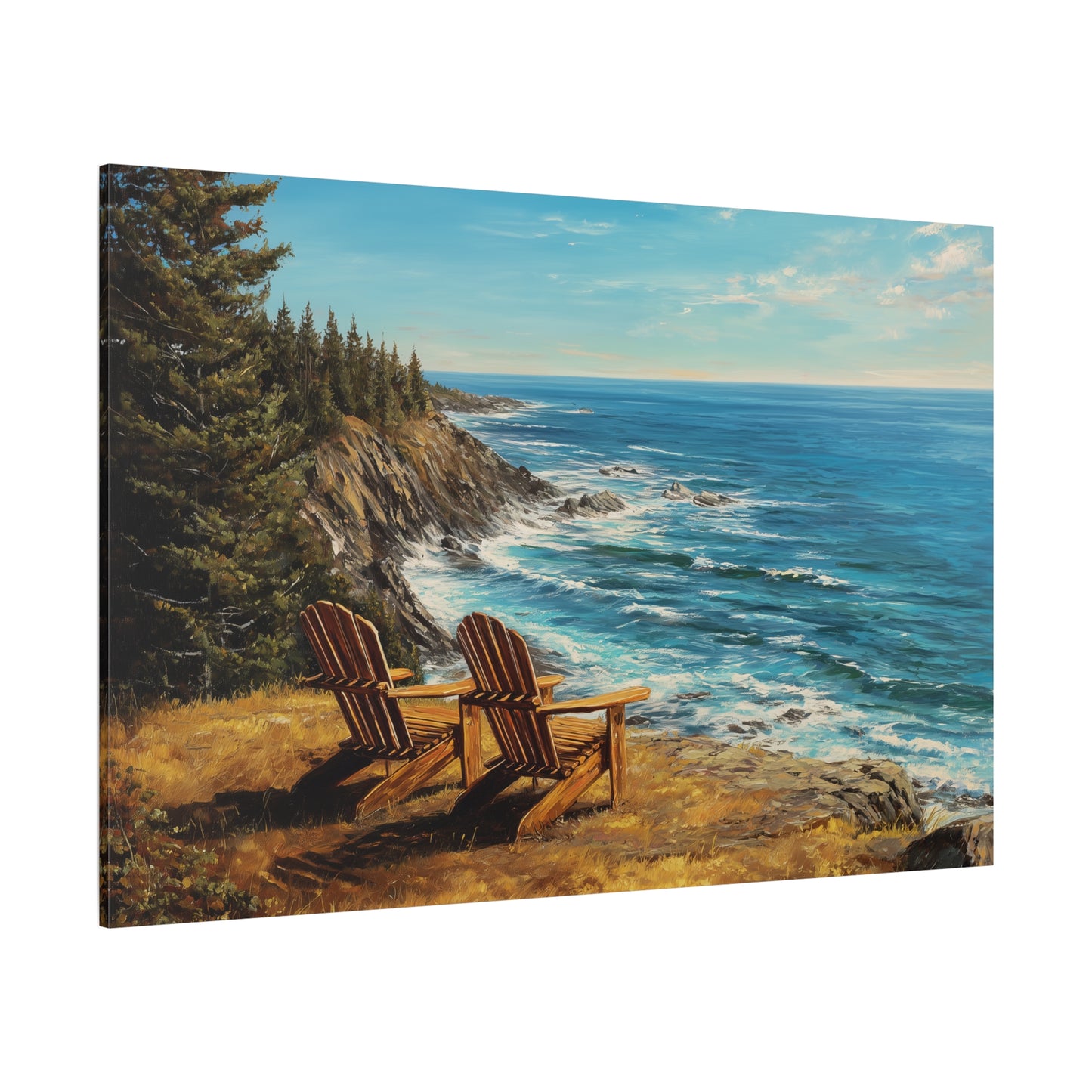 Coastal Cliffs Canvas Wall Art — Adirondack Chairs Overlooking Ocean Seascape