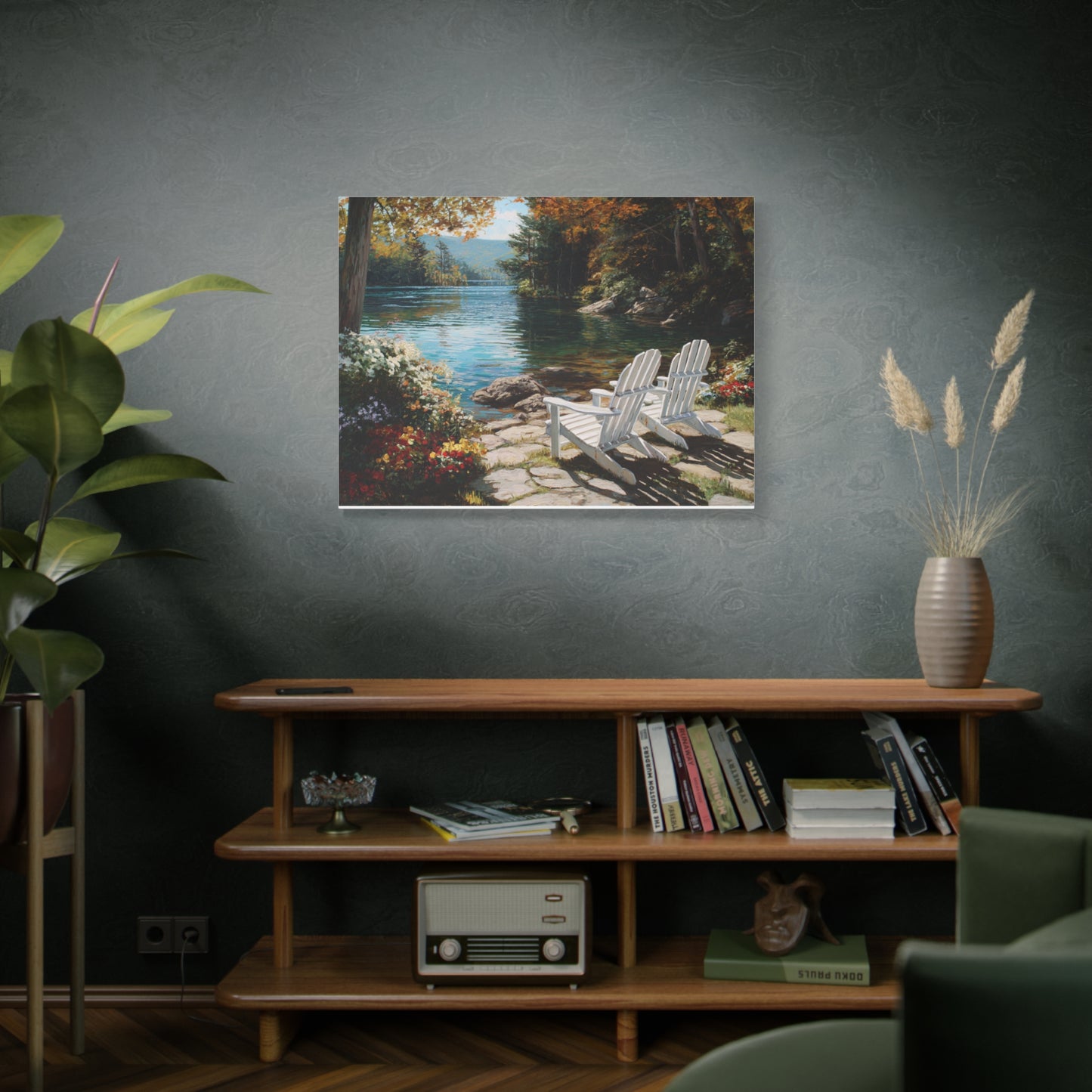 Canvas Print - Lakeside Adirondack Chairs Scenic Wall Art (Matte Stretched)