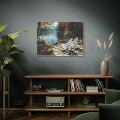 Canvas Print - Lakeside Adirondack Chairs Scenic Wall Art (Matte Stretched)