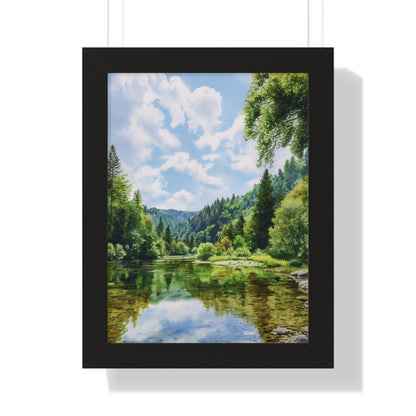 Serene Mountain Lake Landscape Wall Art -Framed Vertical Print