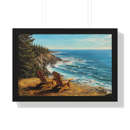 Coastal Clifftop Adirondack Chairs Framed Print — Beach Landscape Wall Art