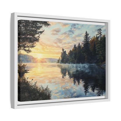 Sunrise Lake Framed Canvas Print — Forest Reflection Wall Art