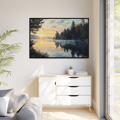 Sunrise Lake Framed Canvas Print — Forest Reflection Wall Art