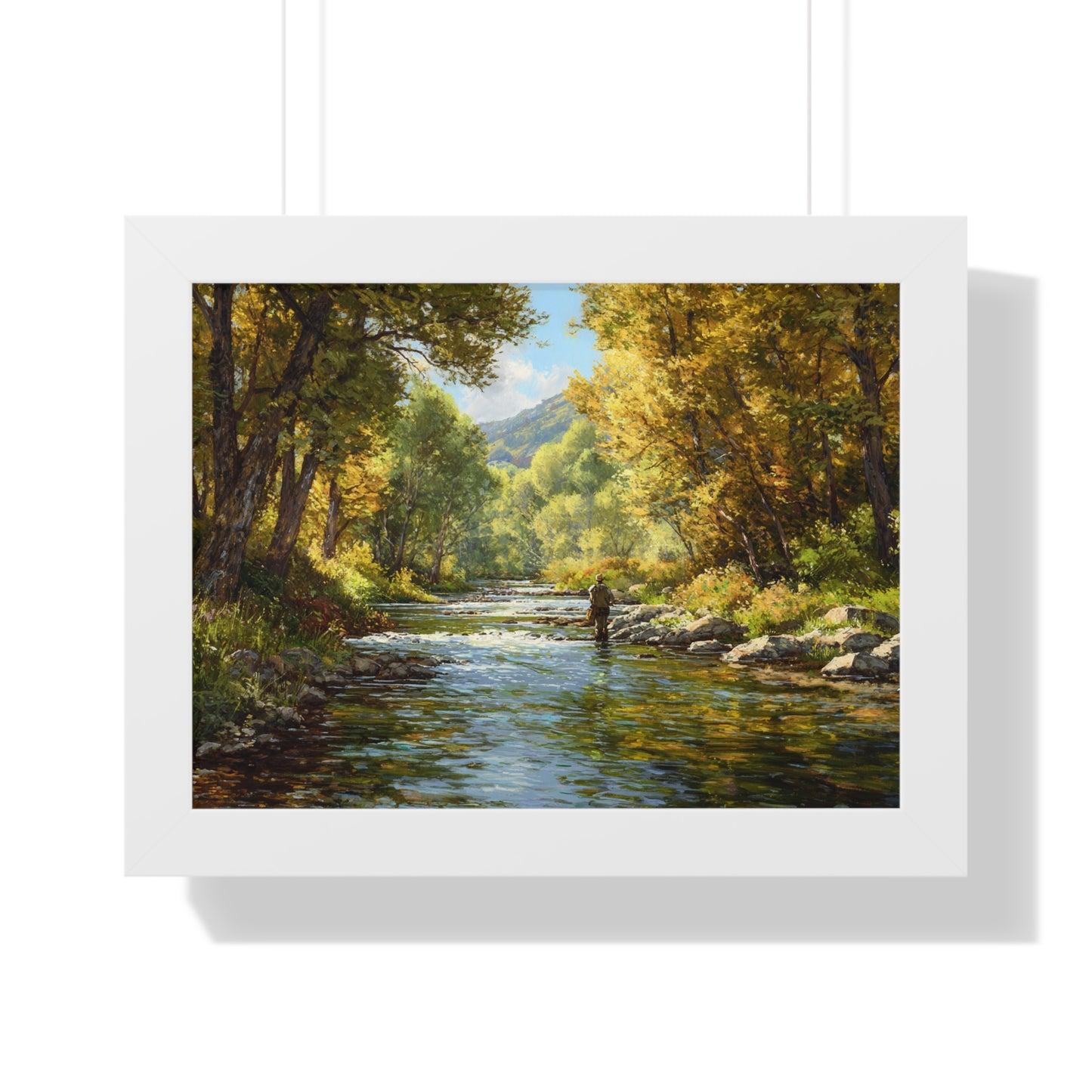 River Fly Fishing Art Print for Cabin & Living Room - Framed Landscape Print