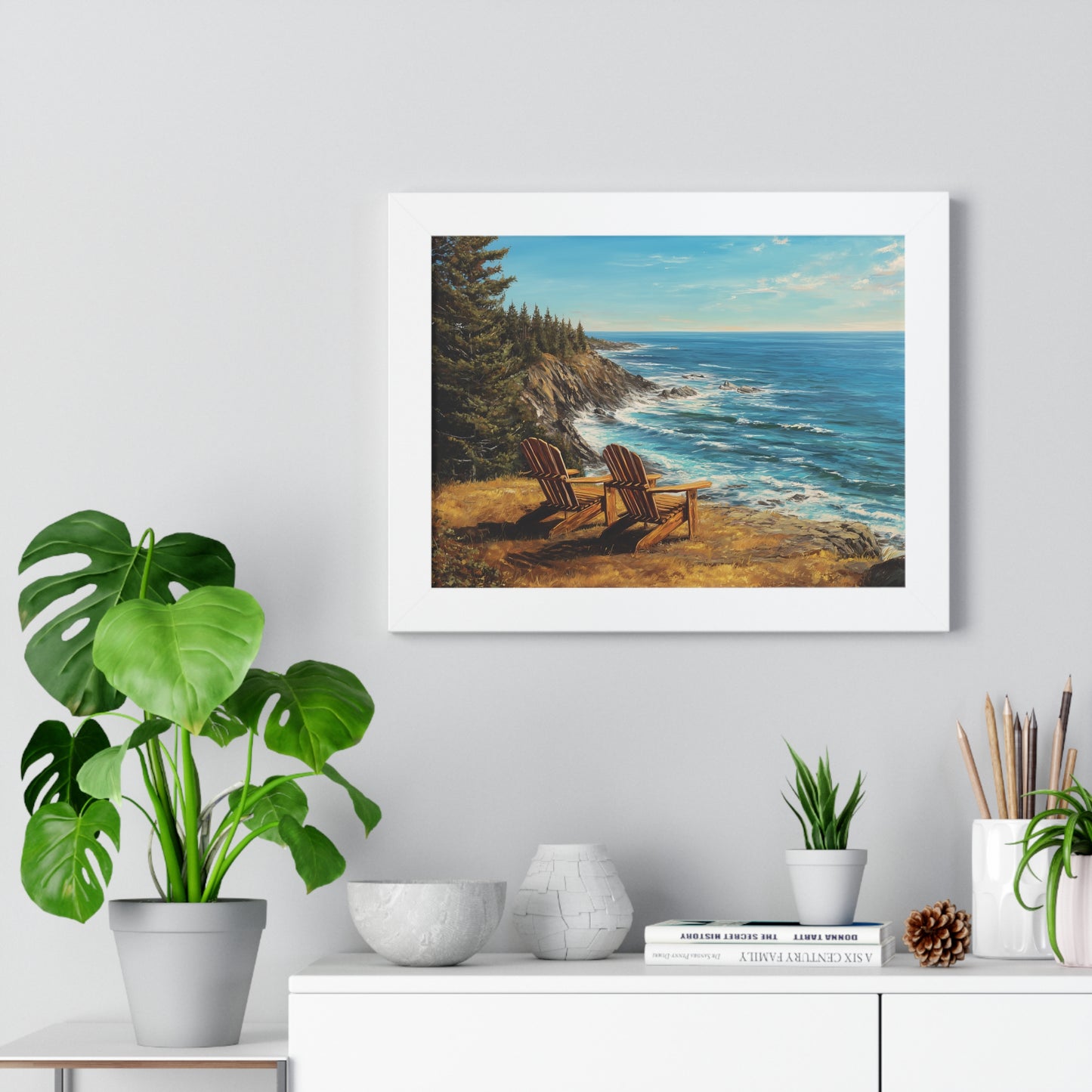 Coastal Clifftop Adirondack Chairs Framed Print — Beach Landscape Wall Art