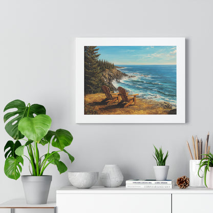 Coastal Clifftop Adirondack Chairs Framed Print — Beach Landscape Wall Art