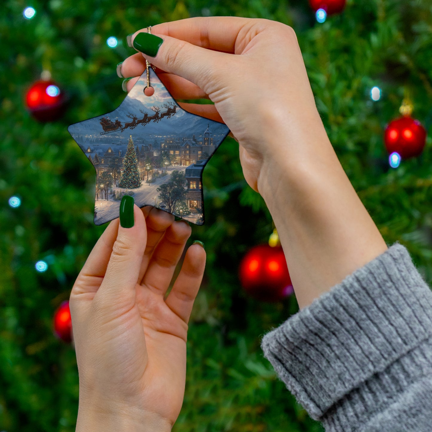 Star Ceramic Ornament – Santa Over Snowy Village Christmas Tree Holiday Decoration
