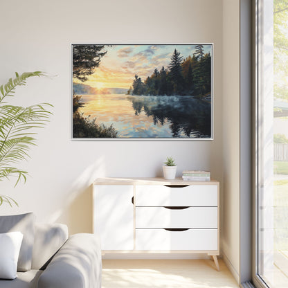 Sunrise Lake Framed Canvas Print — Forest Reflection Wall Art
