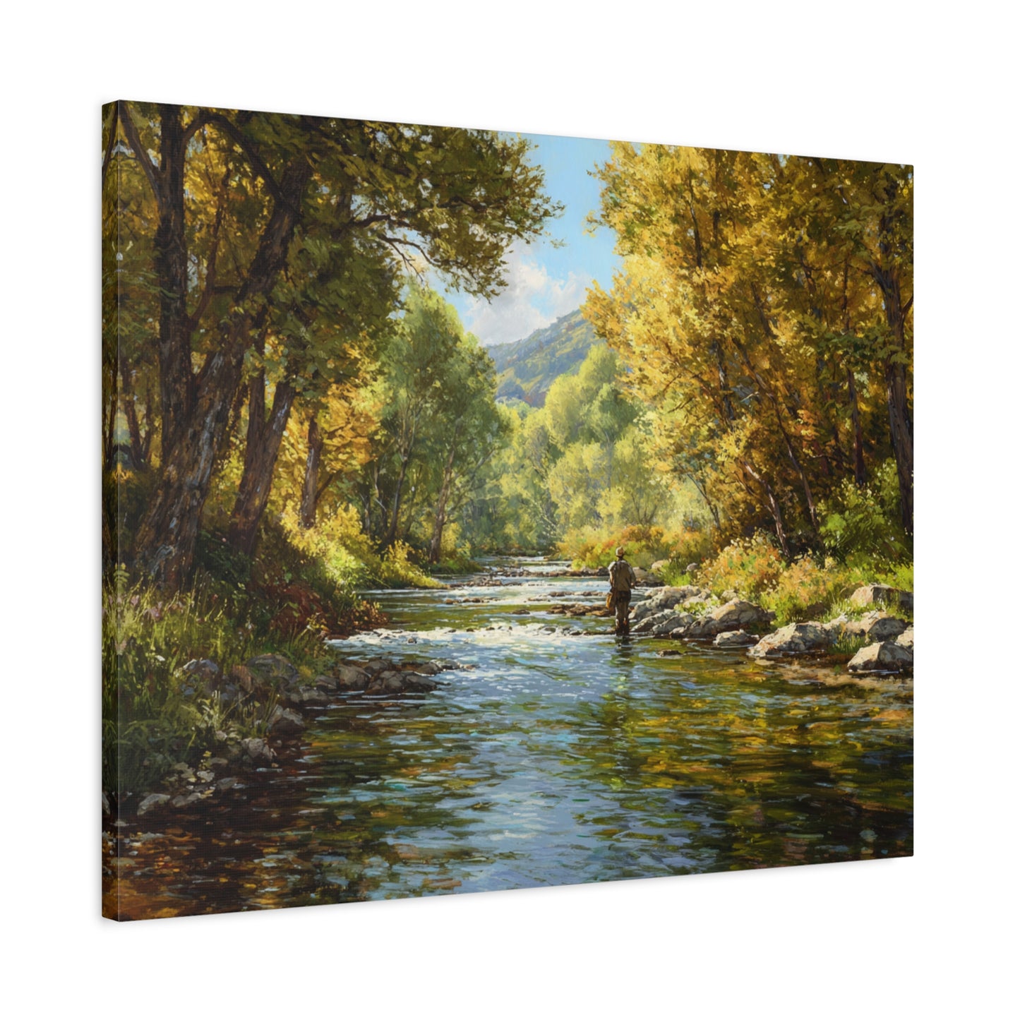 Autumn River Fly Fishing Matte Stretched Canvas