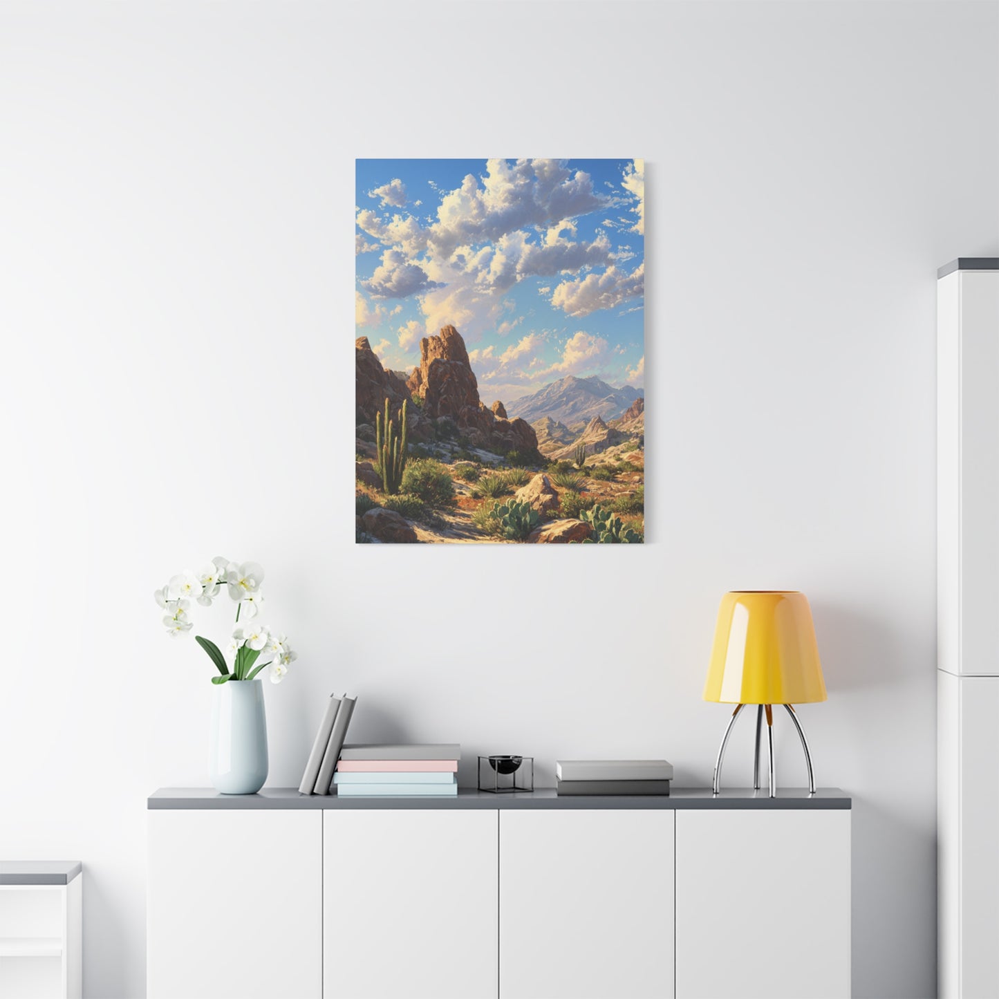 Desert Sunrise Landscape Vertical Canvas Print — Serene Southwest Wall Art