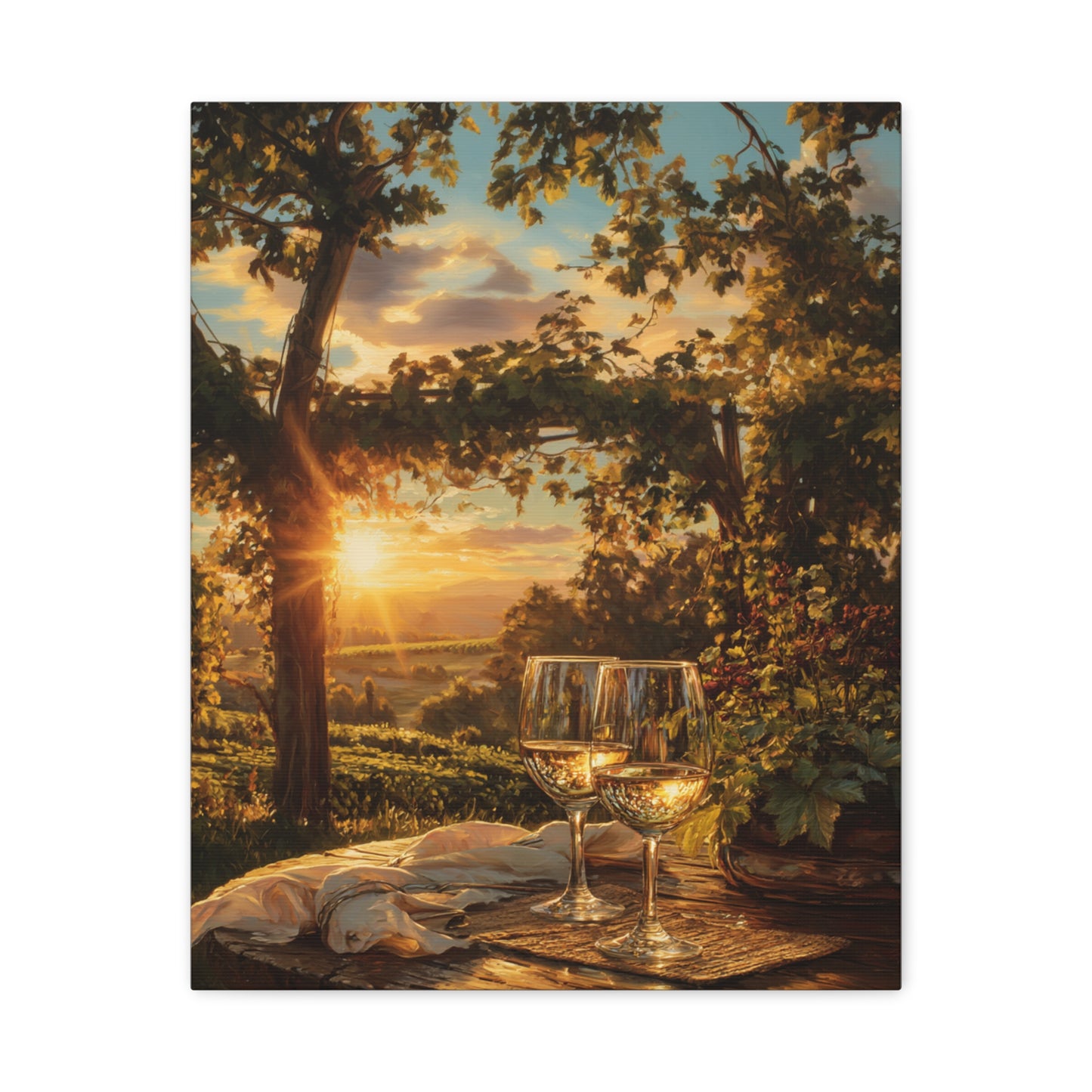 Sunset Vineyard Canvas Wall Art – Wineglass Landscape Matte Stretched Print