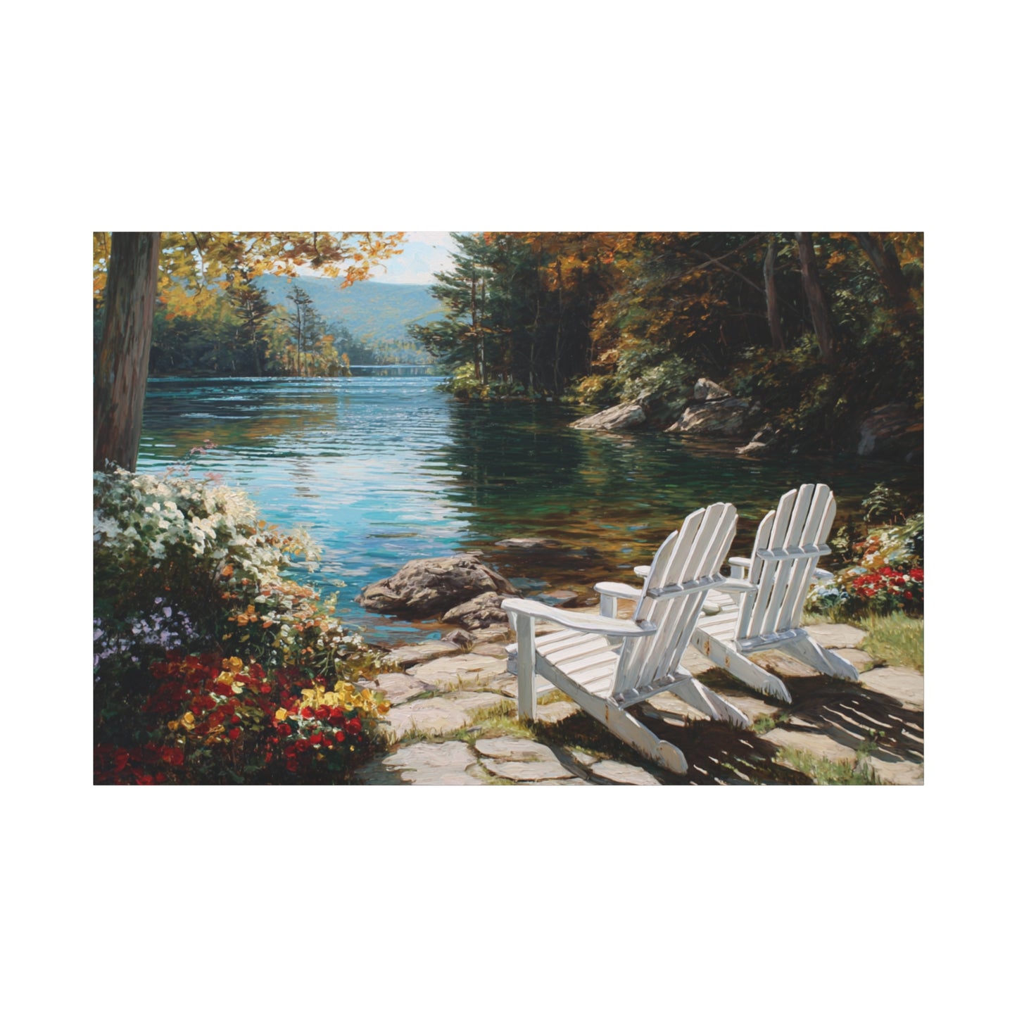 Canvas Print - Lakeside Adirondack Chairs Scenic Wall Art (Matte Stretched)