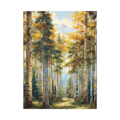 Aspen Forest Path Vertical Canvas Print — Serene Woodland Wall Art