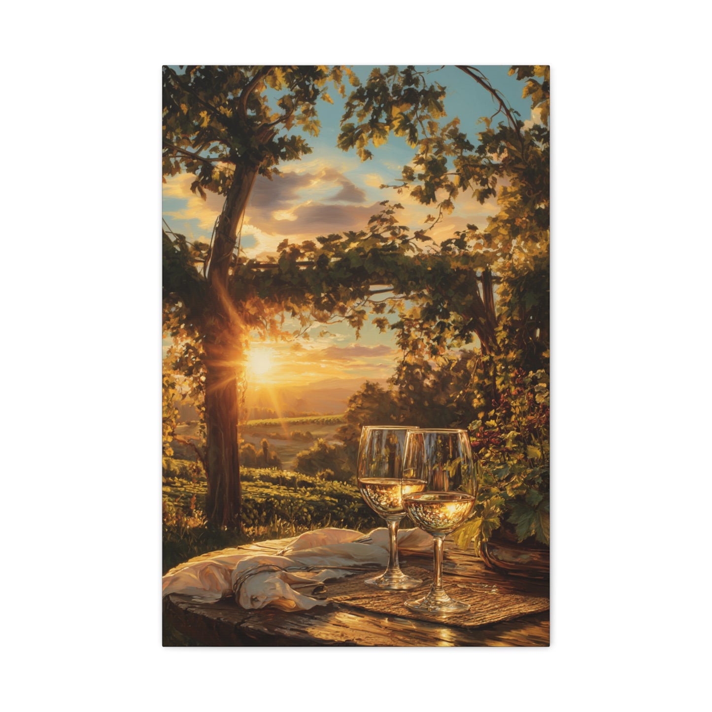 Sunset Vineyard Canvas Wall Art – Wineglass Landscape Matte Stretched Print
