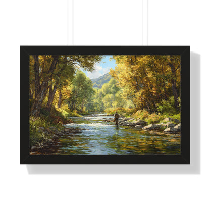 River Fly Fishing Art Print for Cabin & Living Room - Framed Landscape Print