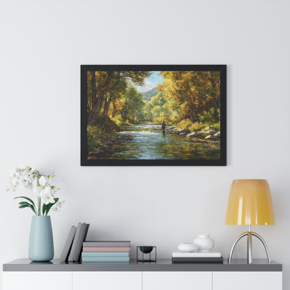 River Fly Fishing Art Print for Cabin & Living Room - Framed Landscape Print