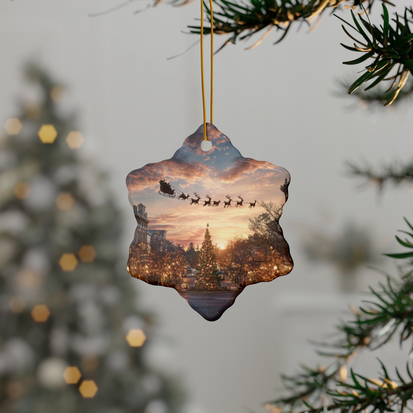 Christmas Street Scene Ceramic Ornament — Santa Sleigh 2-Sided Holiday Decoration