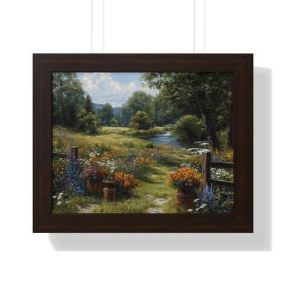 Serene Country Meadow Landscape Print - Framed Print