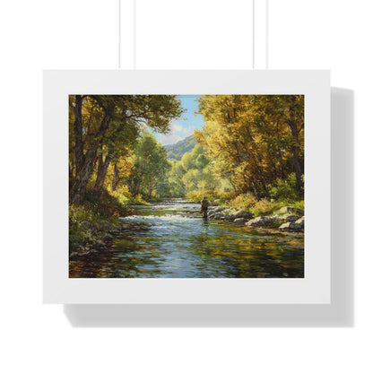 River Fly Fishing Art Print for Cabin & Living Room - Framed Landscape Print
