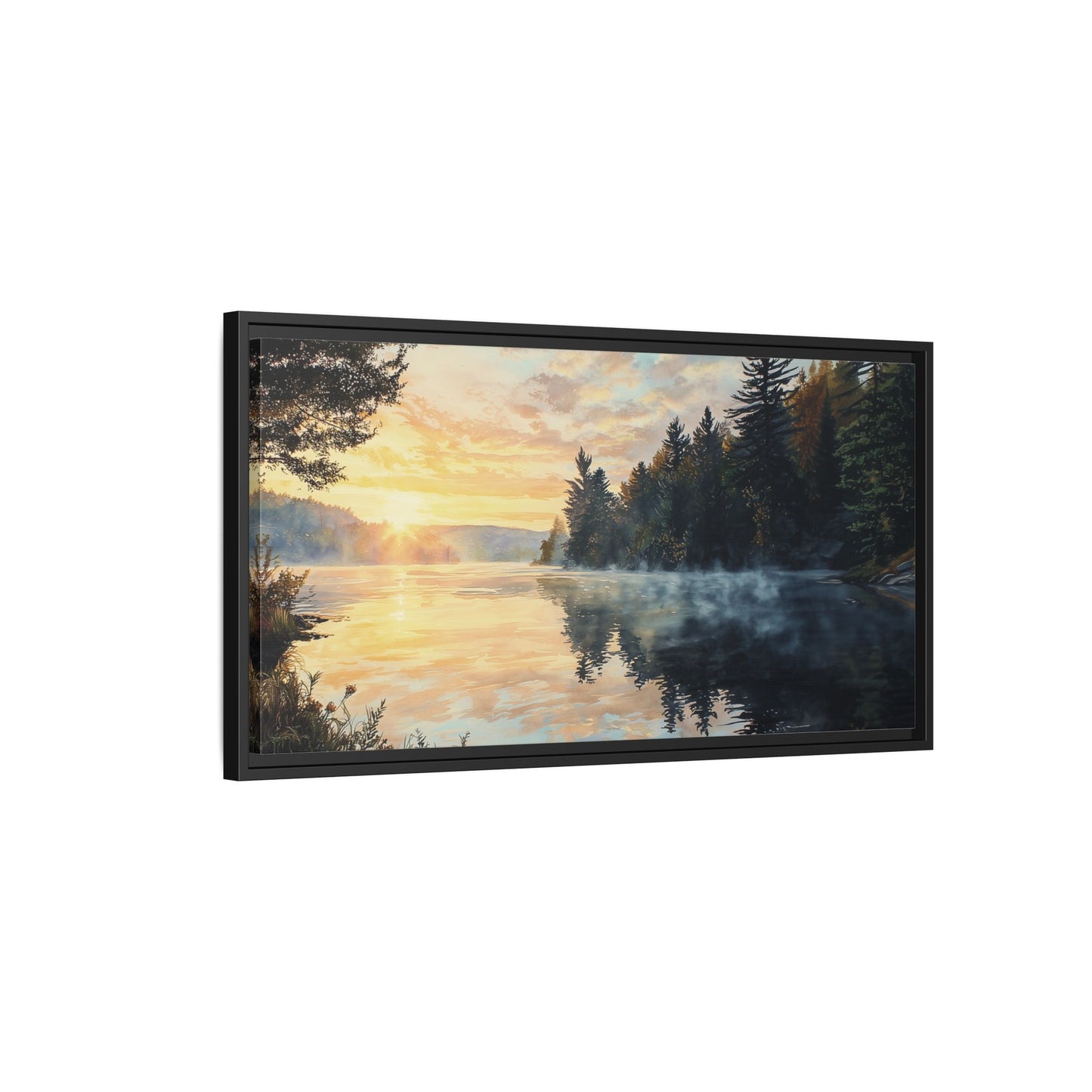 Sunrise Lake Framed Canvas Print — Forest Reflection Wall Art