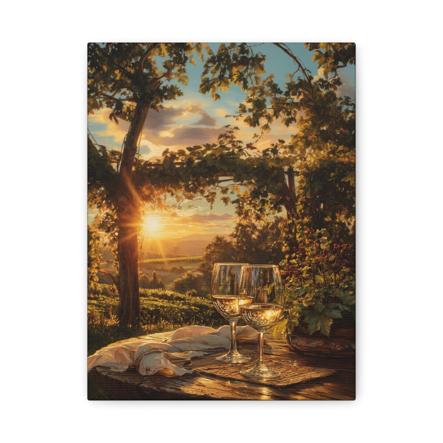 Sunset Vineyard Canvas Wall Art – Wineglass Landscape Matte Stretched Print
