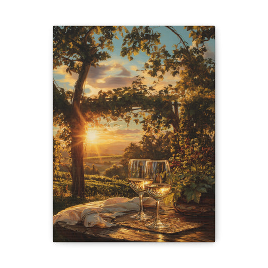 Sunset Vineyard Canvas Wall Art – Wineglass Landscape Matte Stretched Print