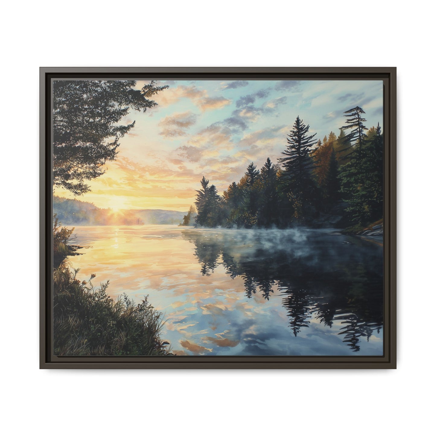 Sunrise Lake Framed Canvas Print — Forest Reflection Wall Art