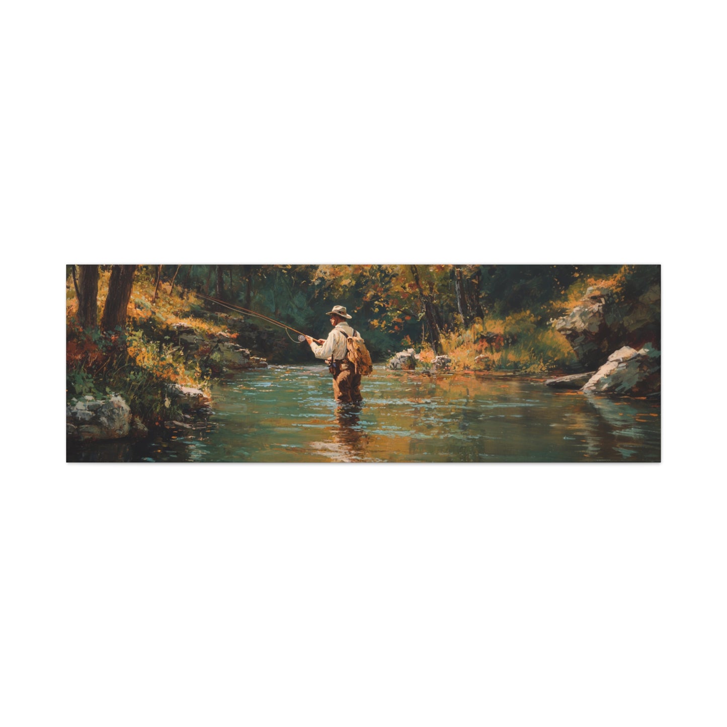Vintage Fly Fisherman River Scene Matte Stretched Canvas (1.25")