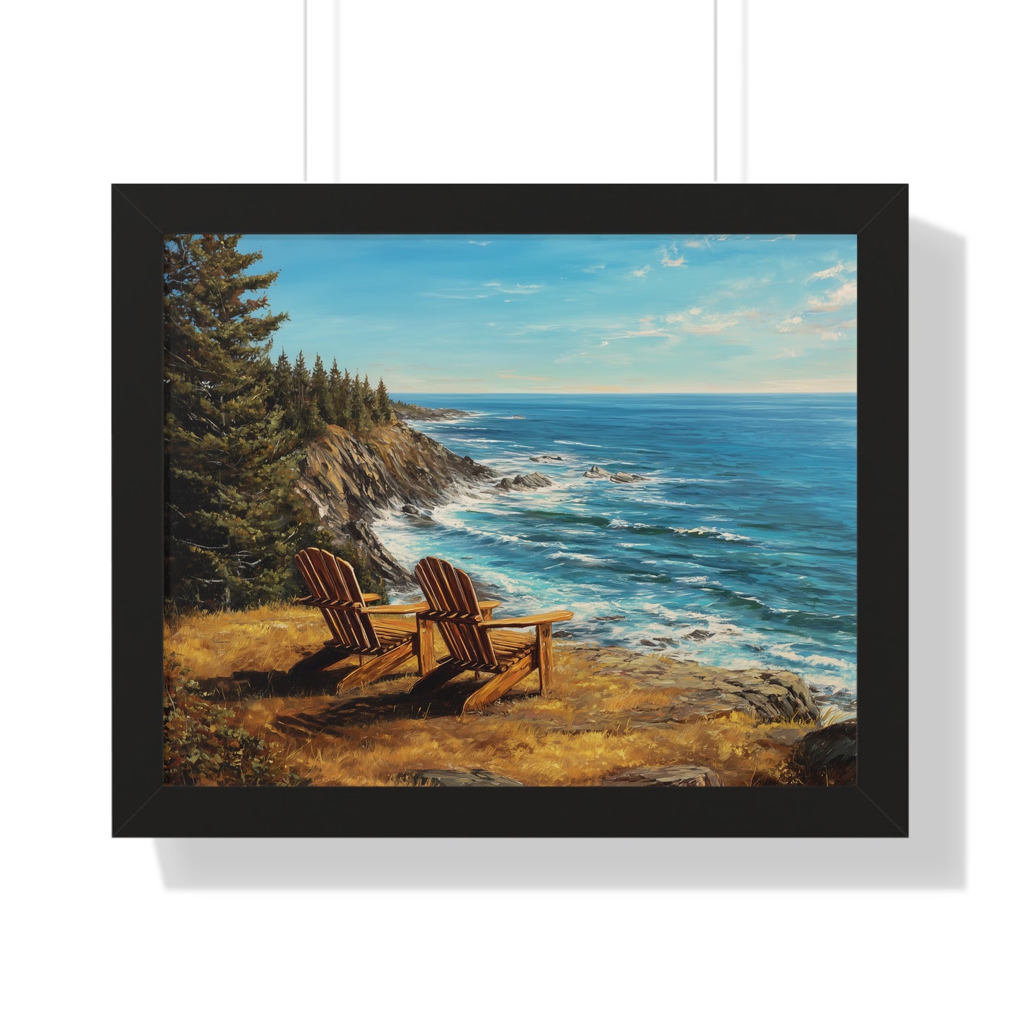 Coastal Clifftop Adirondack Chairs Framed Print — Beach Landscape Wall Art