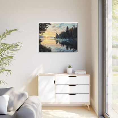 Sunrise Lake Framed Canvas Print — Forest Reflection Wall Art