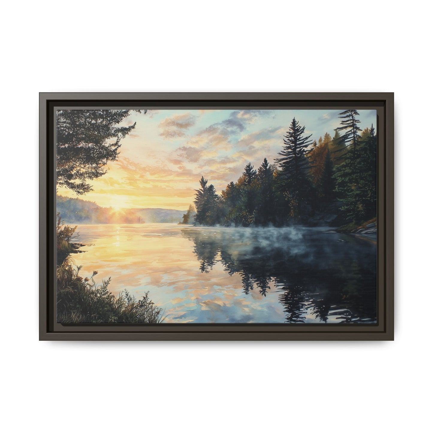 Sunrise Lake Framed Canvas Print — Forest Reflection Wall Art