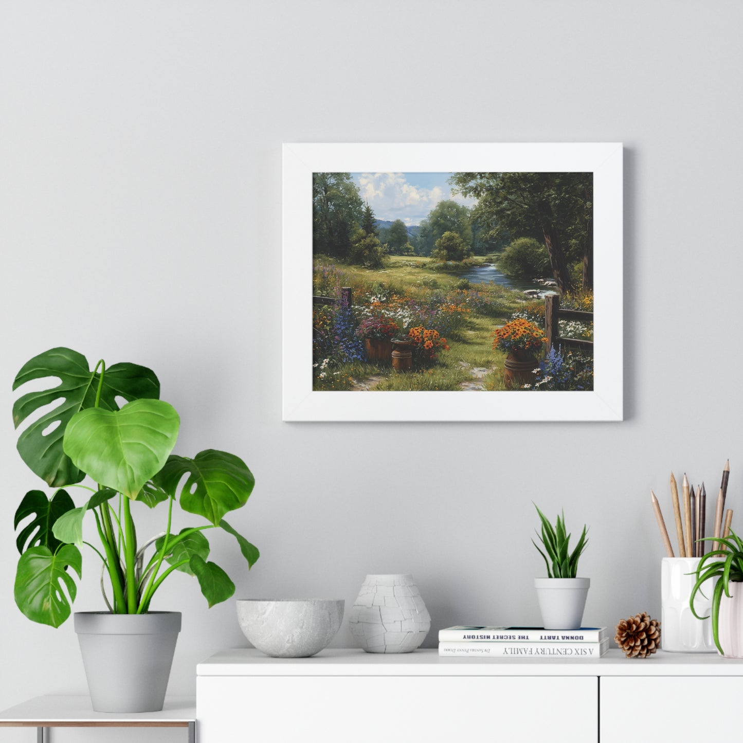 Serene Country Meadow Landscape Print - Framed Print