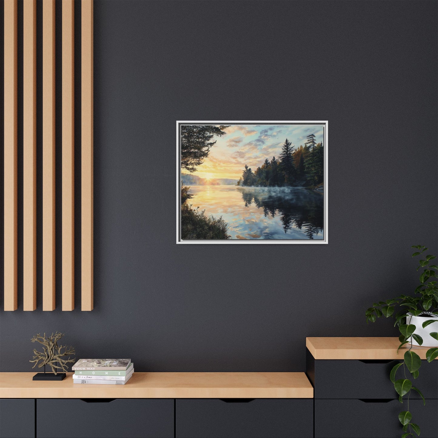 Sunrise Lake Framed Canvas Print — Forest Reflection Wall Art