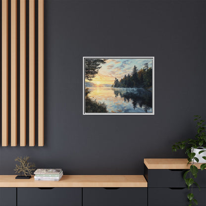 Sunrise Lake Framed Canvas Print — Forest Reflection Wall Art