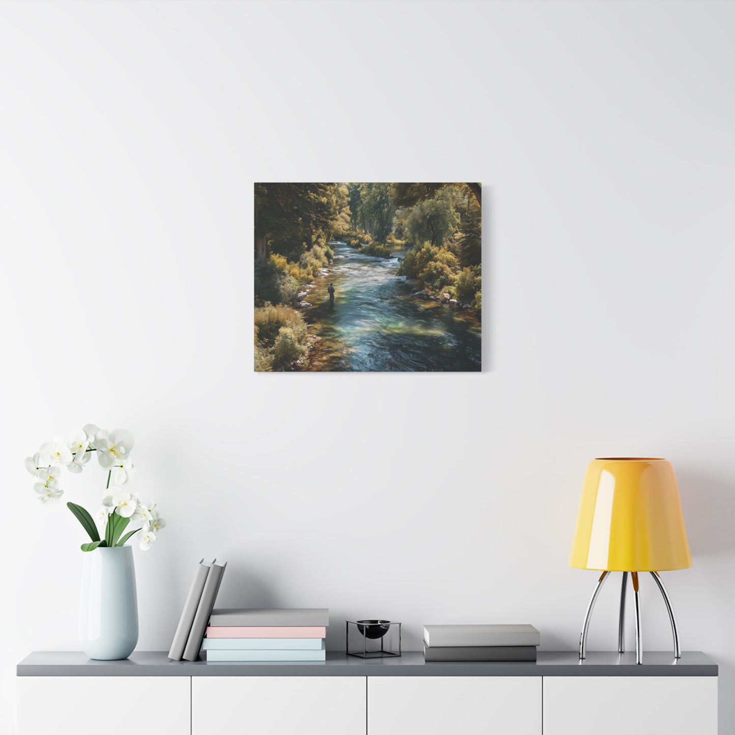 River Fishing Canvas Wall Art — Serene Forest Stream Matte Stretched Print