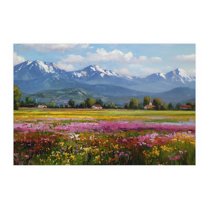 Impressionist Mountain Landscape with Flowers - Silk Paper Print