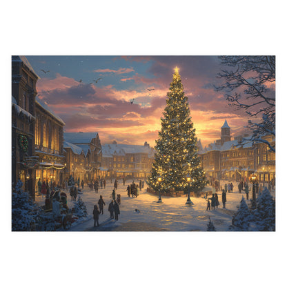 Christmas Town Square Silk Paper Print — Holiday Tree at Sunset