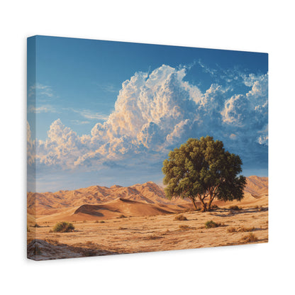 Desert Solitude Canvas Print — Lone Tree in Golden Dunes Matte Stretched Wall Art