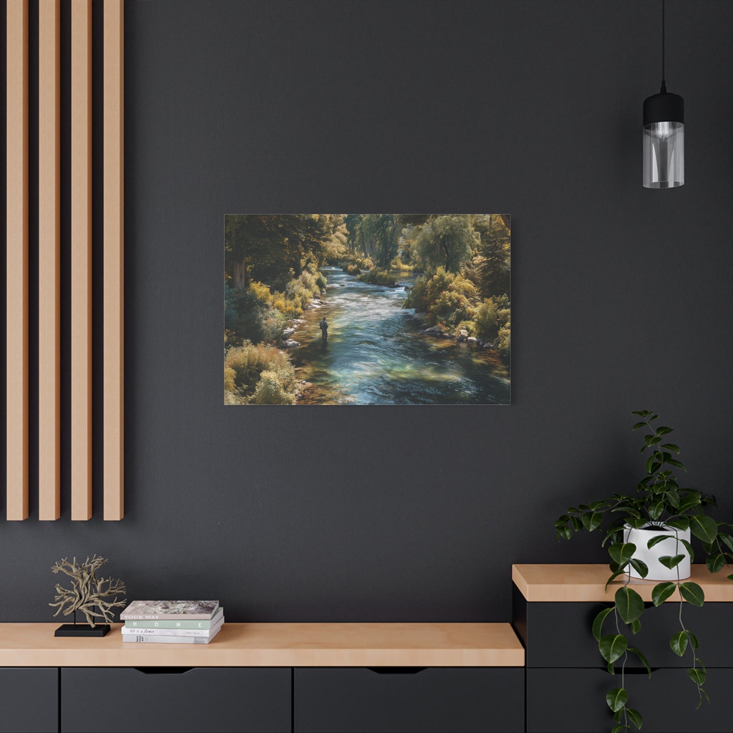 River Fishing Canvas Wall Art — Serene Forest Stream Matte Stretched Print