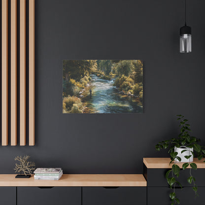 River Fishing Canvas Wall Art — Serene Forest Stream Matte Stretched Print