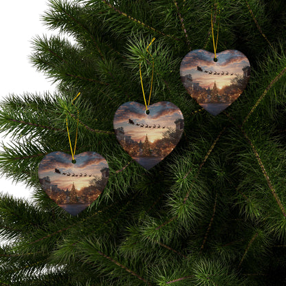 Christmas Street Scene Ceramic Ornament — Santa Sleigh 2-Sided Holiday Decoration