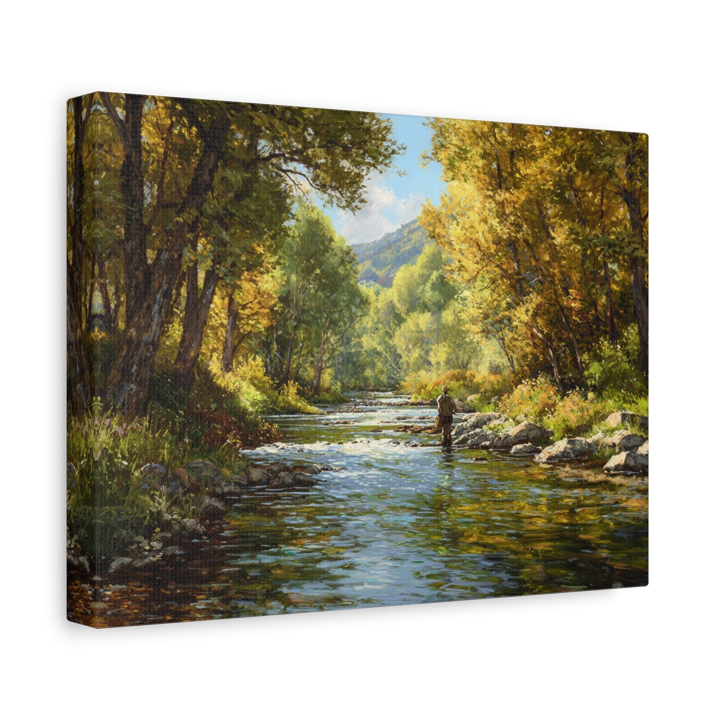 Autumn River Fly Fishing Matte Stretched Canvas