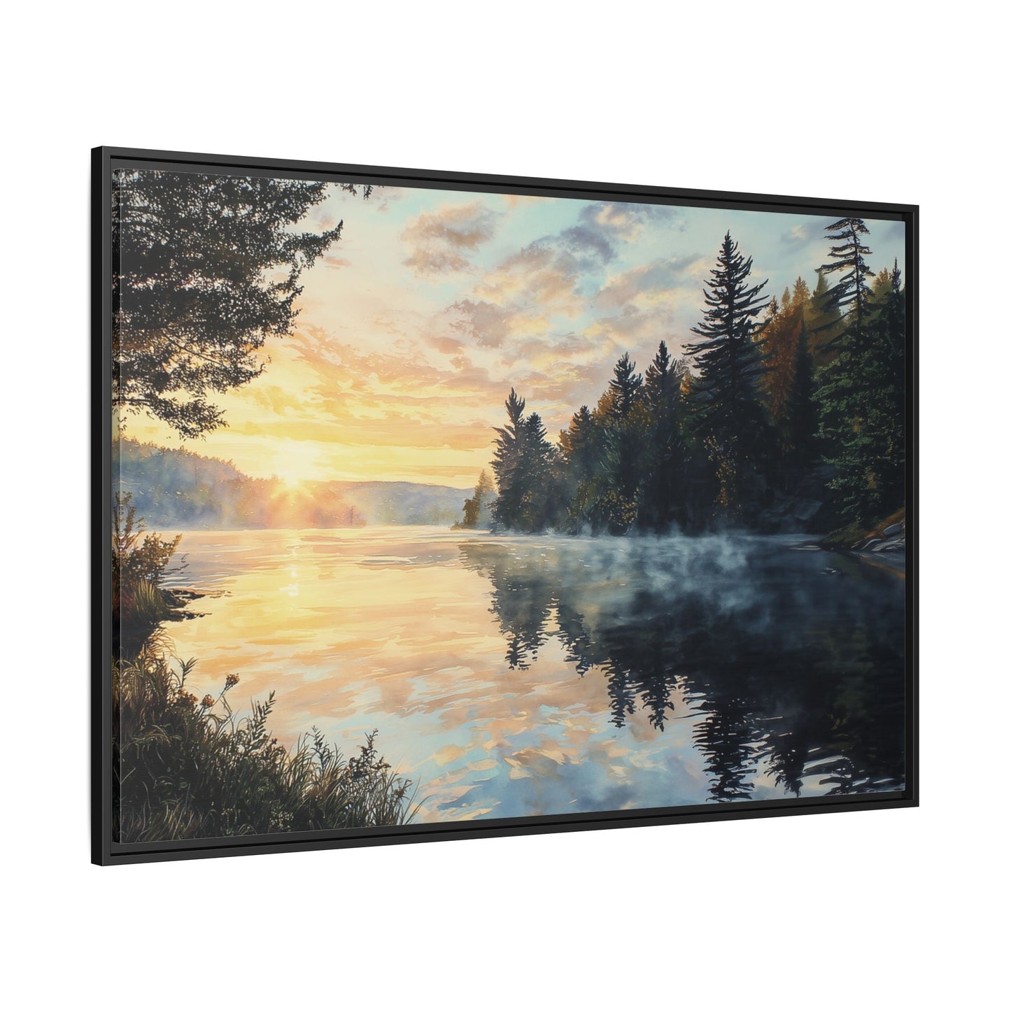 Sunrise Lake Framed Canvas Print — Forest Reflection Wall Art