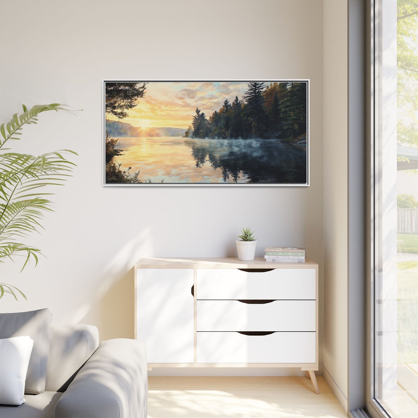 Sunrise Lake Framed Canvas Print — Forest Reflection Wall Art