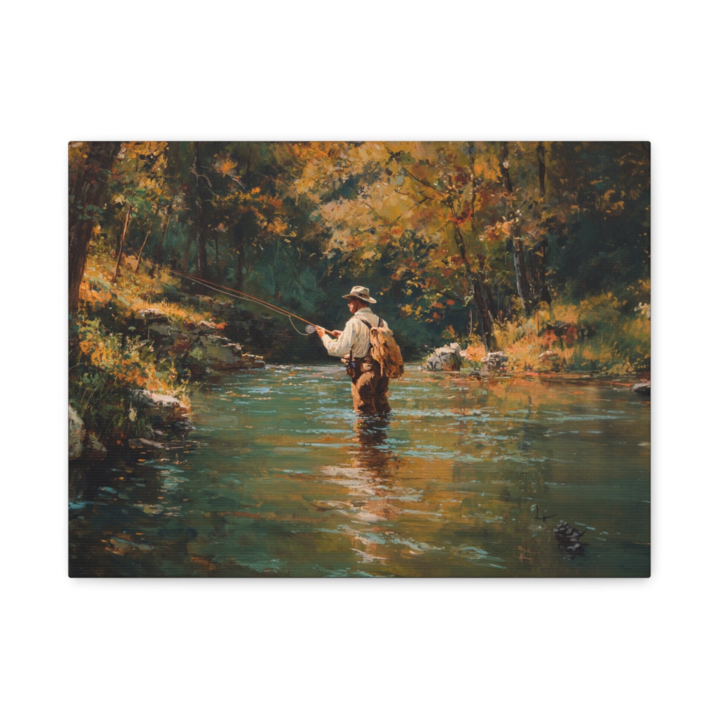 Vintage Fly Fisherman River Scene Matte Stretched Canvas (1.25")