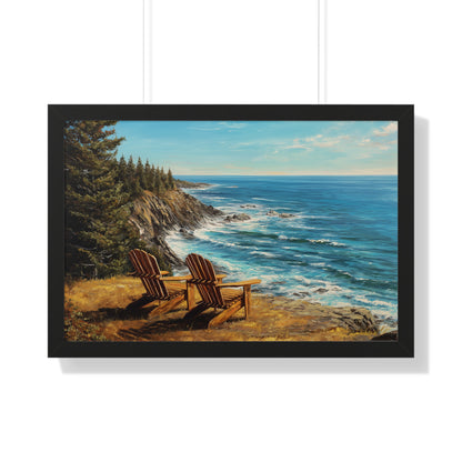 Coastal Clifftop Adirondack Chairs Framed Print — Beach Landscape Wall Art