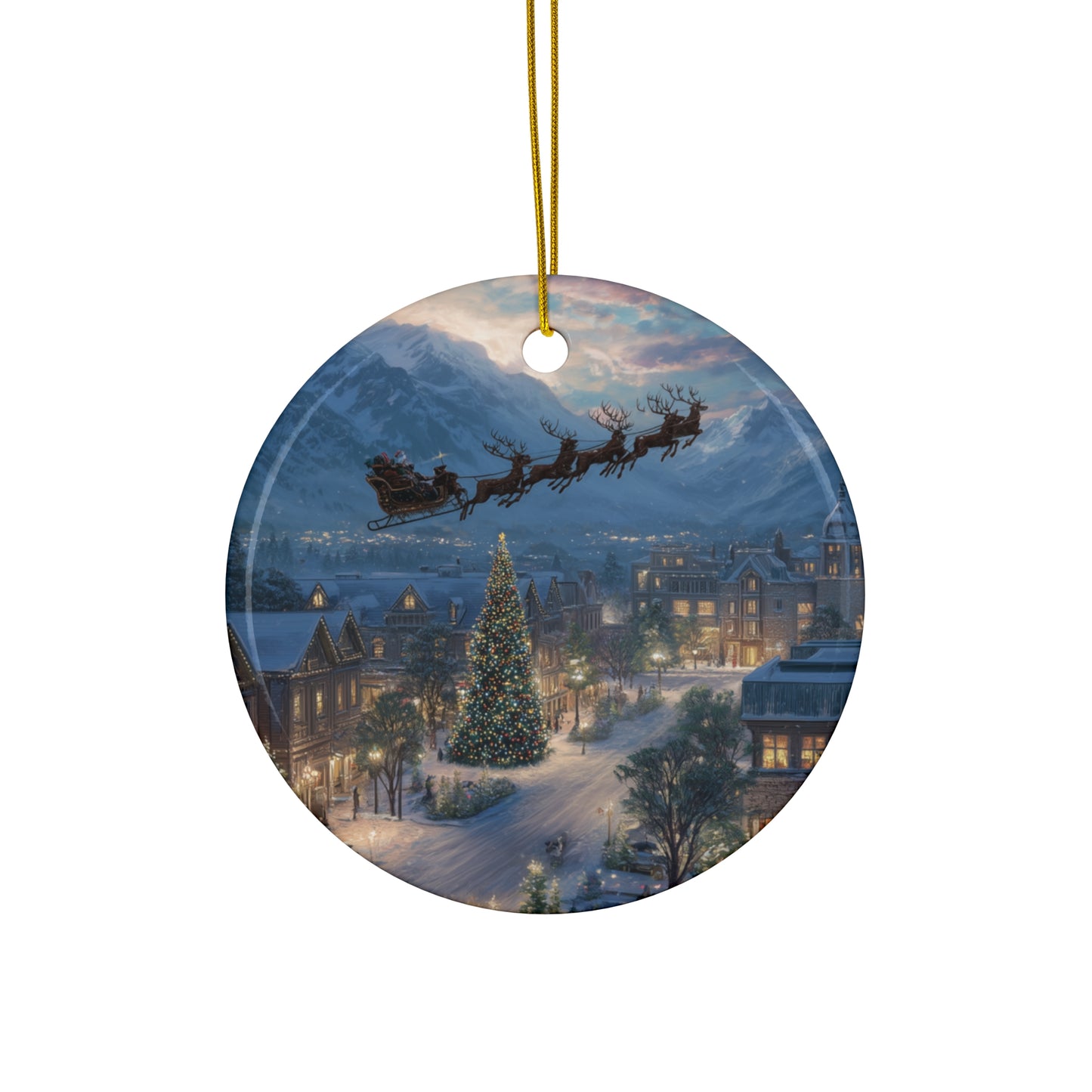 Star Ceramic Ornament – Santa Over Snowy Village Christmas Tree Holiday Decoration